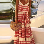 Strap Stripe Print V Neck Boho Long Maxi Dress Summer Flowy Tie Waist Beach Sundress