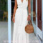 Margovil Buttons V Neck Sleeveless Tie Waist Maxi Swing Dress