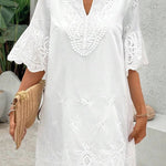 Solid Color Hollow Embroidery Casual Lace V-Neck Mini Dress