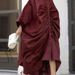 Long Sleeves Loose Buttoned Pleated Solid Color Lapel Maxi Dresses Shirt Dress