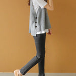 Simple Sleeveless Loose Buttoned Solid Color Round-Neck Sweater Vest Outerwear