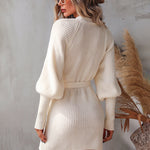 Lantern Sleeve Belted Sweater Dress