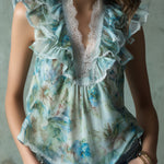 Retro Soft Blue Floral Chiffon Lace-Trim Sleeveless Blouse