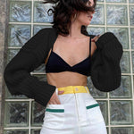 Puff Long Sleeve Rib Knit Short Fleece Cropped Cardigan