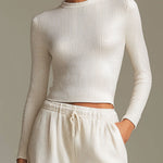 Fashionable Sporty White Knit Ribbed Crew Neck Top And Wide-leg Pants Set