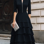 Zip-Front Tiered Midi Dress With Structured Waist