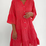 V-Neck 3/4 Sleeve Loose Embroidered Hollow Out Plus Size Blouse Dress