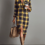 Women's Flannel Plaid Long Sleeve Shirt Midi Dress