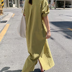 Oversized Button Down Maxi Shirt Dress Short Sleeve Side Split Casual Loose Solid Tunic Dress