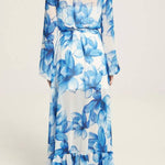 Island Girl Floral Print V-neck Long Sleeve Tie Slit Holiday Maxi Dress