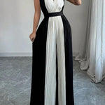 High Waisted Loose Contrast Color Pleated V-Neck Jumpsuits