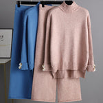 Urban Long Sleeves Solid Color Half Turtleneck Sweater Tops & Wide Leg Pants Two Pieces Set