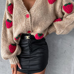 Sweet strawberry loose v-neck thick wool knitted top for women