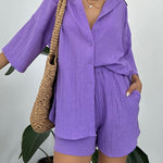Nadorine Casual Two Piece Outfits Wrinkled Short Sleeve Button-Down Shirt and Shorts Set