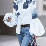 Long Sleeves Loose Buttoned Leaves Print High-Neck Blouses&Shirts Tops