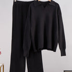 Nadorine Casual Two-Pieces Outfits Lapel V Neck Sweater and Trousers Sets