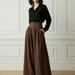Elasticated Waist High Waisted Buttoned Pleated Solid Color Split-Joint Pants