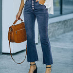 Nadorine Buckle Design High-waisted Micro-flared Jeans Casual Cropped Pants