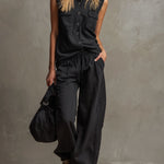 Black Collared Button-down Sleeveless Top And Trousers Set