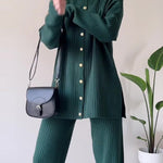 Solid Color Design Button Ribbed Knitted Two Piece Sets
