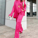 Leopard Jacquard Two-Piece Set Long Sleeve Shirt with Elastic Waist Loose Fit Pants