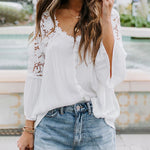 Nadorine Lace Boho Blouses Crochet Flowy Bell Sleeve Button Down Casual T Shirts