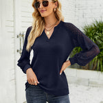 Nadorine V Neck Tops Solid Color Blouse Long Sleeve Pullover Lace Patchwork Shirt