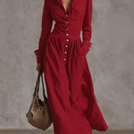 High Waisted Long Sleeves Buttoned Pleated Pockets Solid Color Split-Joint Lapel Maxi Dresses