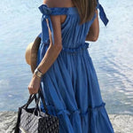 Ocean House Elastic Knotted Shoulder Straps Ruffles Pocket A-line Maxi Dress