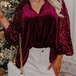 Sequin Patchwork Sleeve Button Up Velvet Top