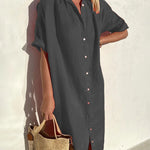 Turn-Down Collar Short Sleeve Single Breasted Loose Shirt Dress Solid Color Summer Beach Dresses
