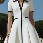 【24-hour shipping out】Women's White Zipper Design With Black Trim Dress