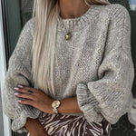 Solid Color Round Neck Ruffled Long Sleeve Knitted Sweater