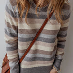 Gray Striped Ribbed Edge Round Neck Sweater