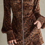 Retro Short Velvet Leopard Print Lantern Sleeve Mini Dress