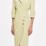Elegant Look Linen Blend Stand Lapel Neck Half Sleeve Side Button Midi Dress