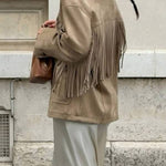 Retro-style coat with lapel and fringed suede