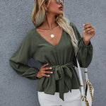 Nadorine V Neck Leisure Long Lantern Sleeve Belt Solid Shirt Tops