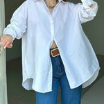 Nadorine Solid Color Street Long Sleeve Back Slit Loose Shirt for Women Casual Work Office Loose Fit 2026 | Under