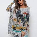 Casual Long Sleeves Loose Cartoon Printed Contrast Color Round-Neck Sweater Tops