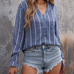 Nadorine Pullover Shirts Long Sleeves Striped Tops Casual V Neck Button Down Blouses