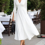 Long Sleeves Solid Color V-Neck Midi Dresses