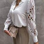 Nadorine Elegant Lace V-NeckShirt Solid Color Hollow Out Long Sleeve Patchwork Blouse