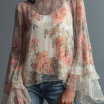 Vintage Floral Lace High-Neck Blouse With Sheer Bell Sleeve