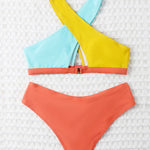 Halter Neck 2 Piece Swimsuit Front Cross Color Matching Bikini Beachwear
