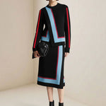 Irregularity Long Sleeves Abstract Printed Asymmetric Contrast Color Ribs Split-Joint Round-Neck Sweater Tops