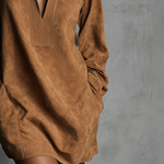 Women's V-neck Suede Embossed Long-sleeved Casual Dress