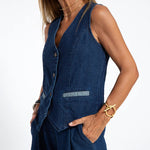 Nadorine Casual Denim Two-piece Set Sleeveless Vest and Long Wide-leg Jeans Pants