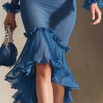 Stylish And Elegant Blue V-neck Midi Dress