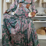 Gabbie Satin Paisley Print Cutout Elastic Waist Long Sleeve Full Hem Maxi Dress